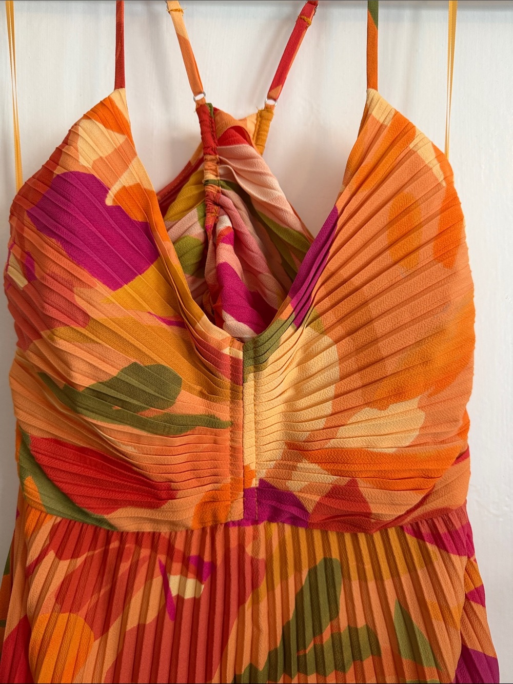 Astr Pleated Floral Midi Dress in Orange, Pink & Green